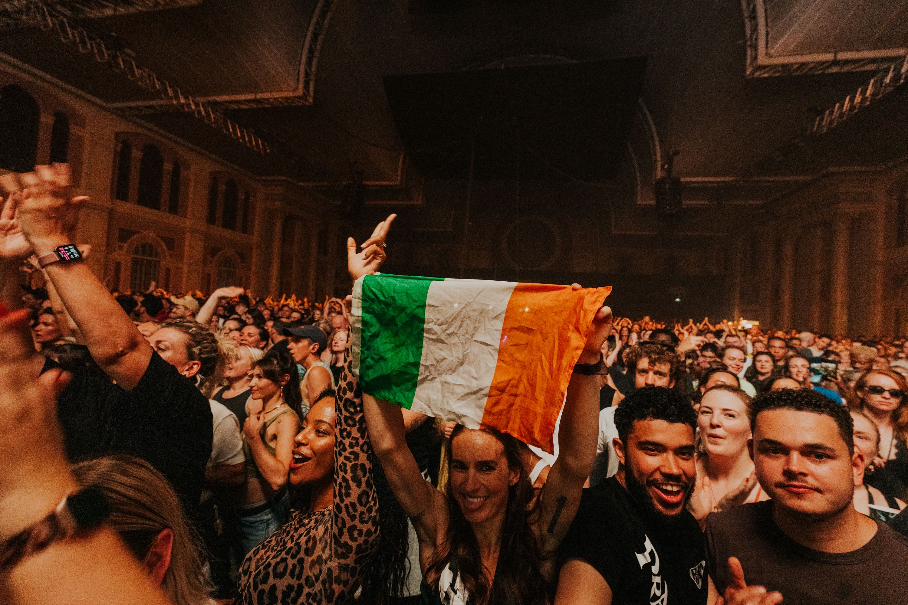 An Irish flag held high in the crowd